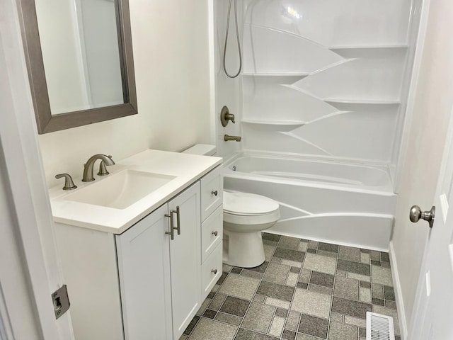 bathroom featuring toilet, visible vents, shower / bathing tub combination, and vanity