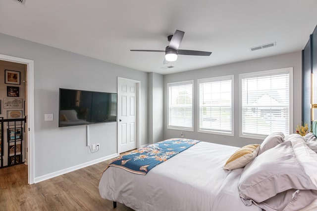 bedroom with ceiling fan and wood-type flooring