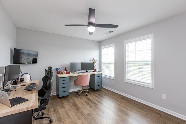 office area featuring hardwood / wood-style flooring and ceiling fan