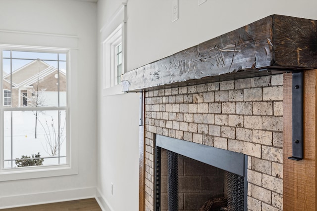 details featuring a fireplace and hardwood / wood-style floors