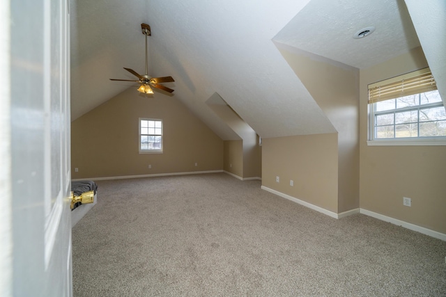 1280 Woodbury Loop, Morgantown, KY 42261 - additional living space featuring a textured ceiling, ceiling fan, light colored carpet, and vaulted ceiling