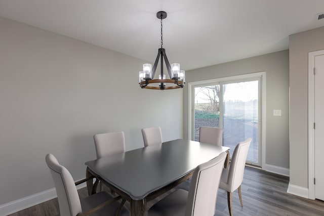 dining room featuring dark hardwood / wood-style flooring and a chandelier