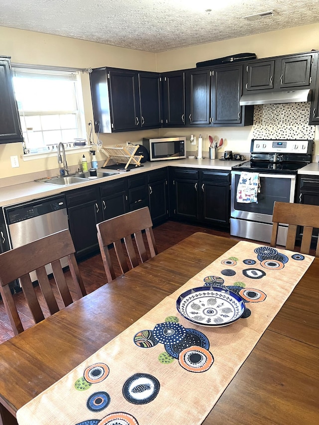 kitchen featuring sink, stainless steel appliances, dark hardwood / wood-style floors, a textured ceiling, and decorative backsplash