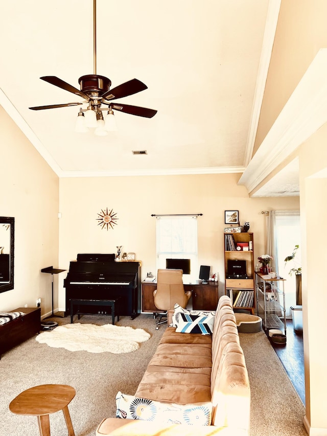 living room with carpet flooring, vaulted ceiling, ceiling fan, and ornamental molding