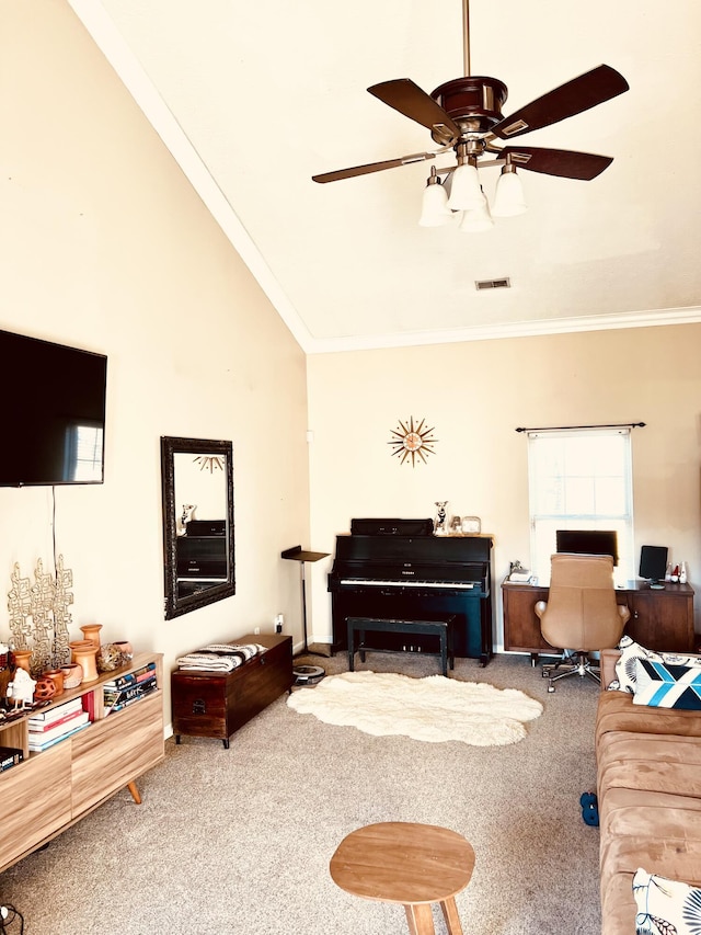 living room featuring ceiling fan, lofted ceiling, carpet floors, and ornamental molding