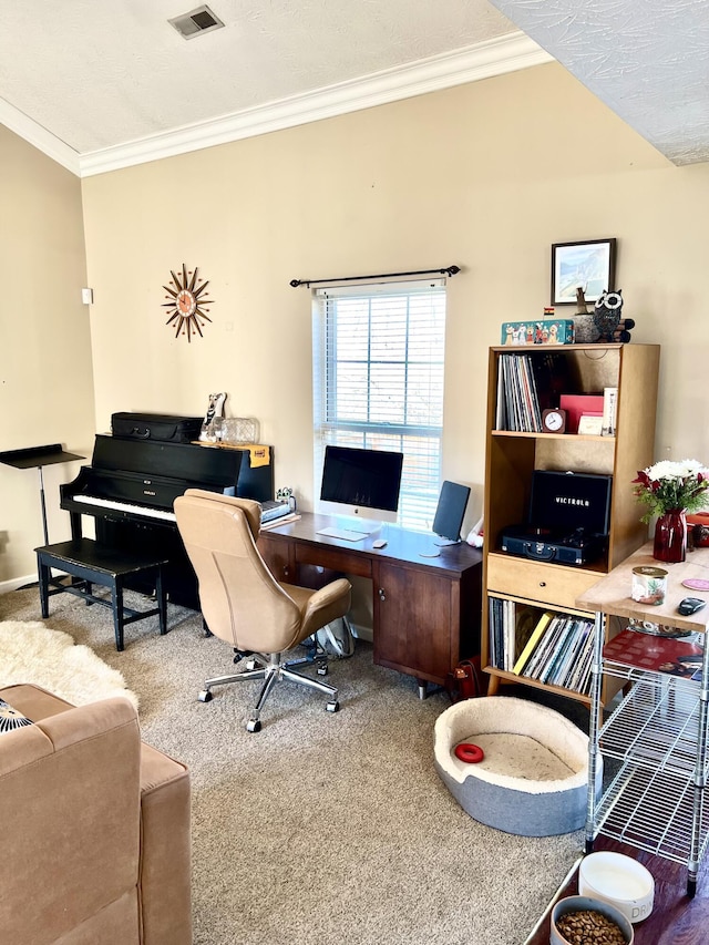 carpeted home office with crown molding