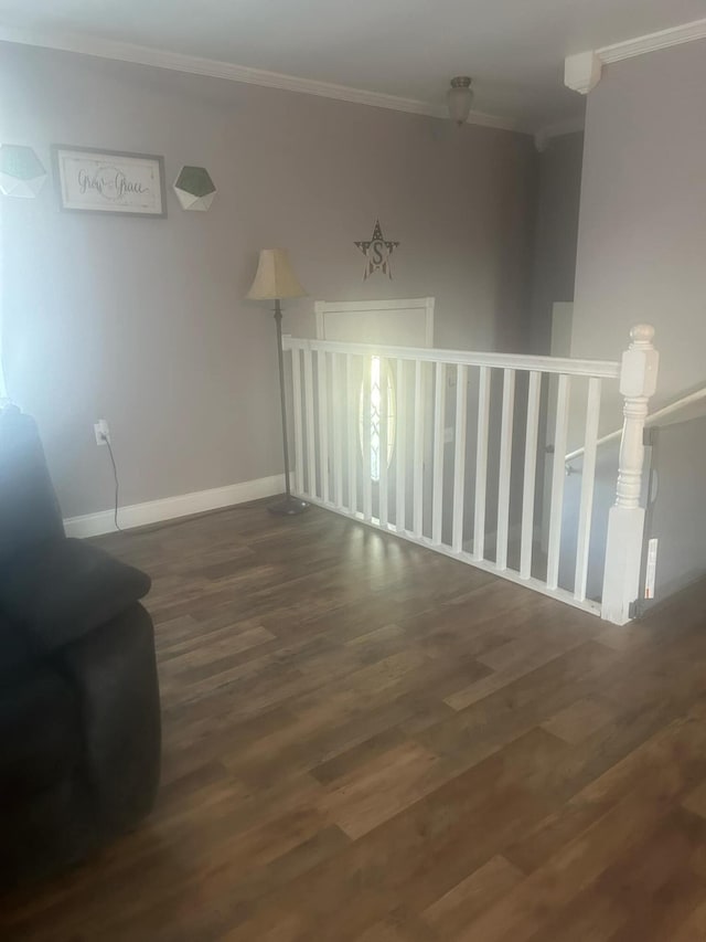 empty room featuring crown molding and dark wood-type flooring