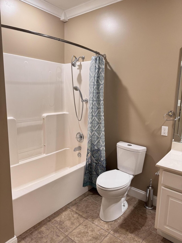 full bathroom with vanity, crown molding, shower / bathtub combination with curtain, and toilet