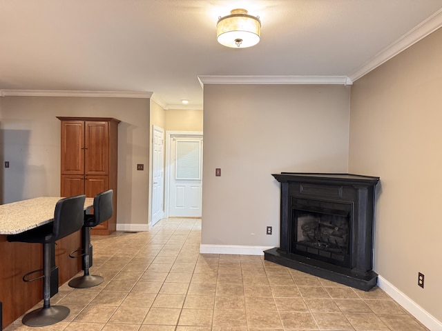 tiled living room featuring crown molding