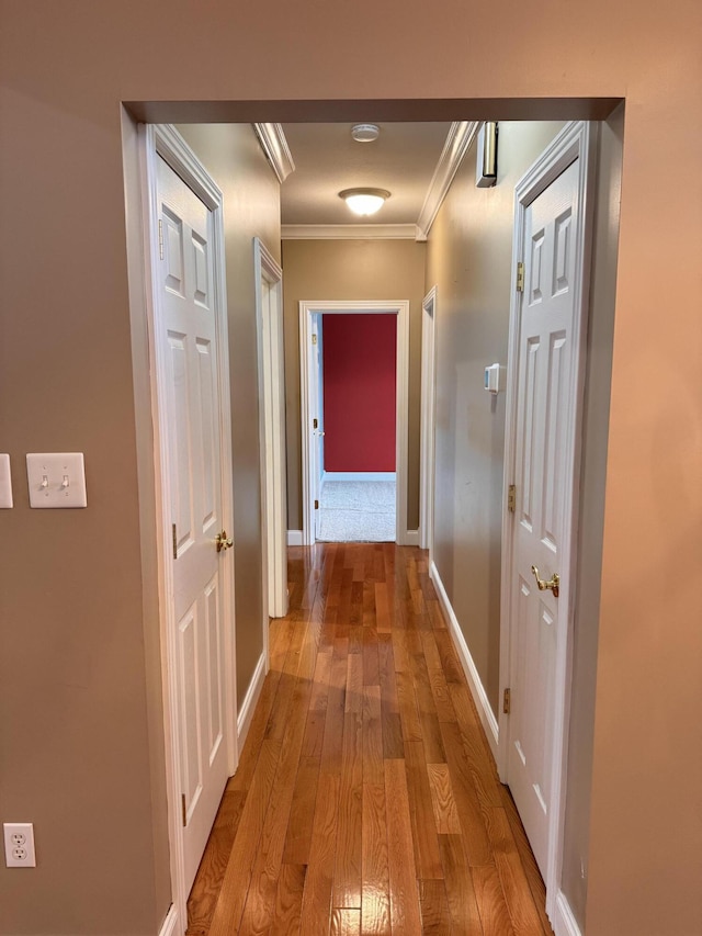 corridor featuring light hardwood / wood-style flooring and ornamental molding