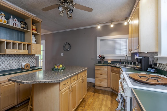 kitchen featuring a breakfast bar, light brown cabinets, and a center island