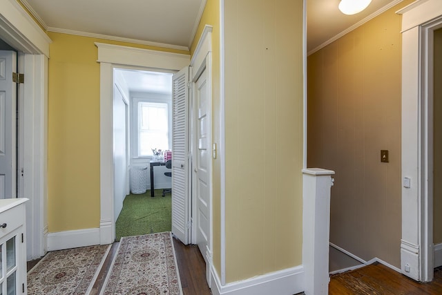 corridor with dark wood-type flooring and ornamental molding