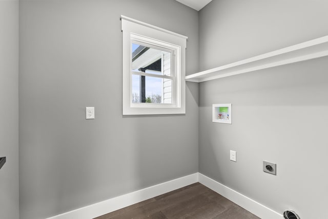 clothes washing area with hookup for an electric dryer, dark wood-type flooring, and hookup for a washing machine