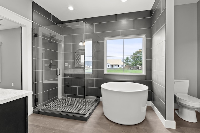 full bathroom featuring vanity, toilet, and shower with separate bathtub