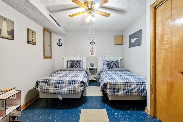 bedroom with electric panel, ceiling fan, and a textured ceiling