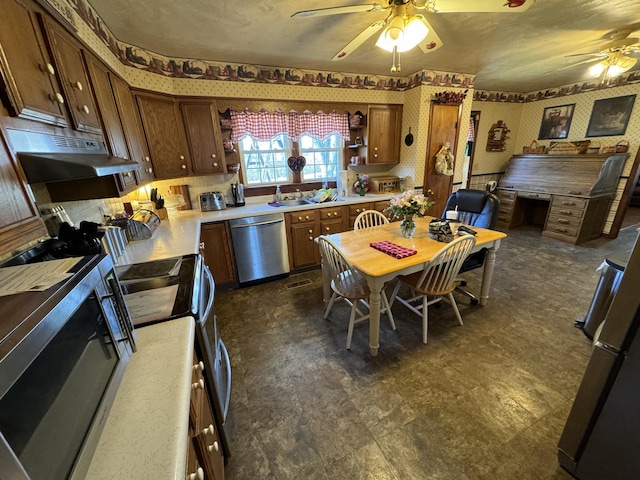 kitchen featuring range with electric cooktop, sink, ceiling fan, stainless steel dishwasher, and exhaust hood