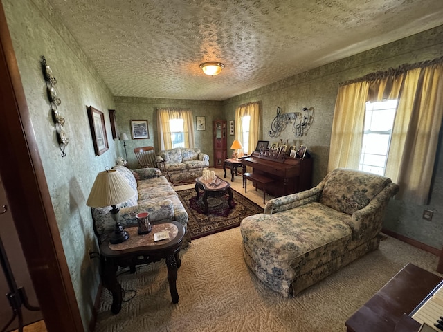 sitting room with carpet, a textured ceiling, and plenty of natural light