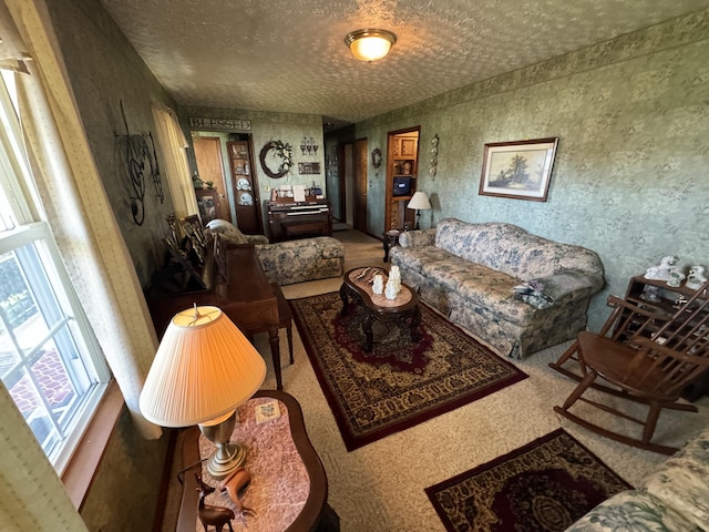 living room featuring a textured ceiling and carpet floors