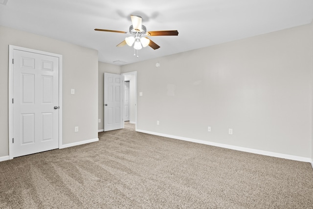 unfurnished bedroom featuring carpet flooring and ceiling fan