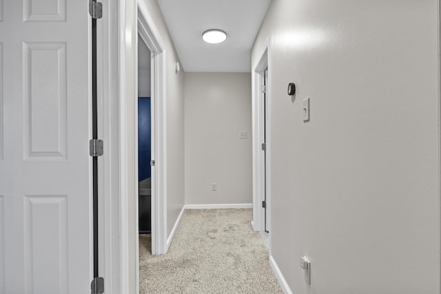 hallway featuring light colored carpet