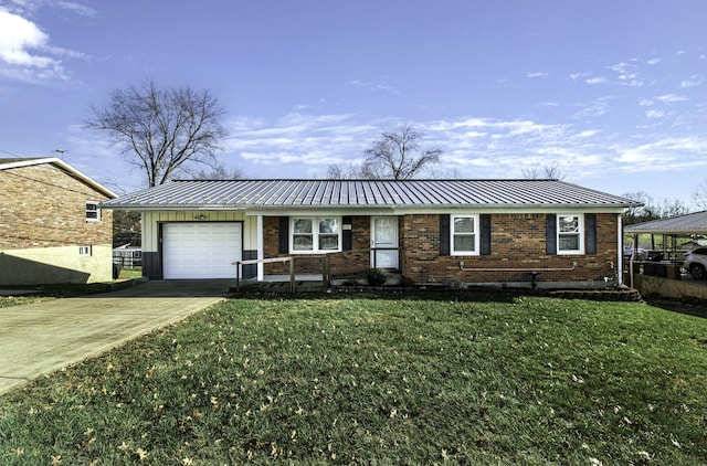 ranch-style home featuring a front yard and a garage