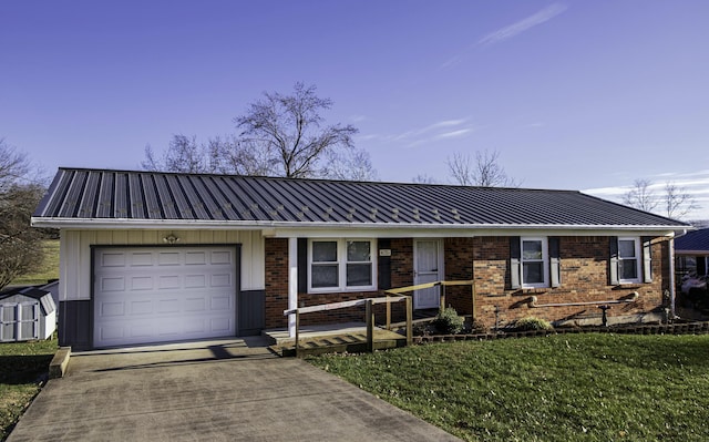 single story home with a garage and a front yard