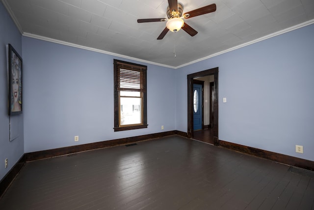 unfurnished room featuring a ceiling fan, baseboards, ornamental molding, and dark wood-type flooring