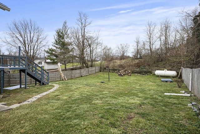 view of yard featuring stairs and a fenced backyard