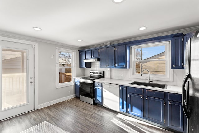 kitchen with tasteful backsplash, blue cabinets, sink, dishwasher, and stainless steel electric range