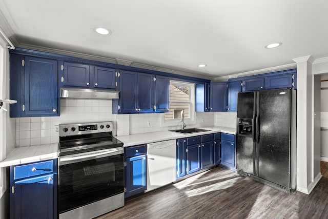 kitchen with blue cabinetry, dishwasher, black fridge with ice dispenser, and stainless steel electric range