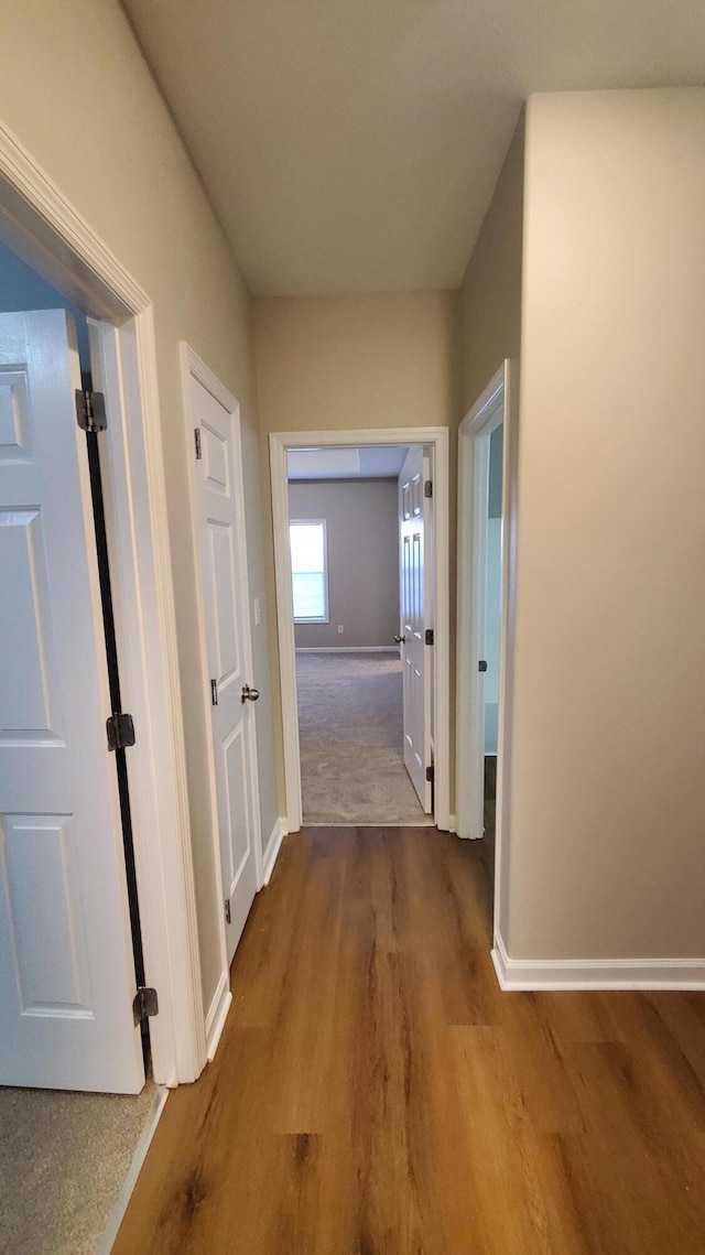 hall featuring wood finished floors and baseboards