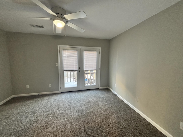 empty room featuring ceiling fan, french doors, and carpet