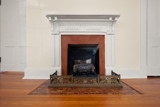 details featuring hardwood / wood-style flooring and a fireplace