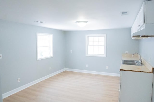 kitchen with white cabinets, sink, and light hardwood / wood-style flooring