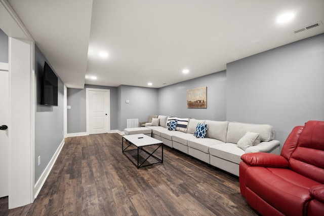 living room with dark wood-type flooring