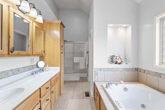 bathroom with shower with separate bathtub, vanity, tile patterned floors, and lofted ceiling