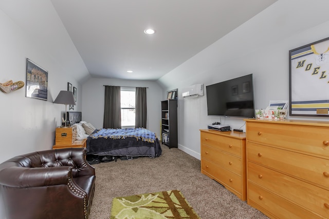 bedroom featuring a wall unit AC, light carpet, and lofted ceiling