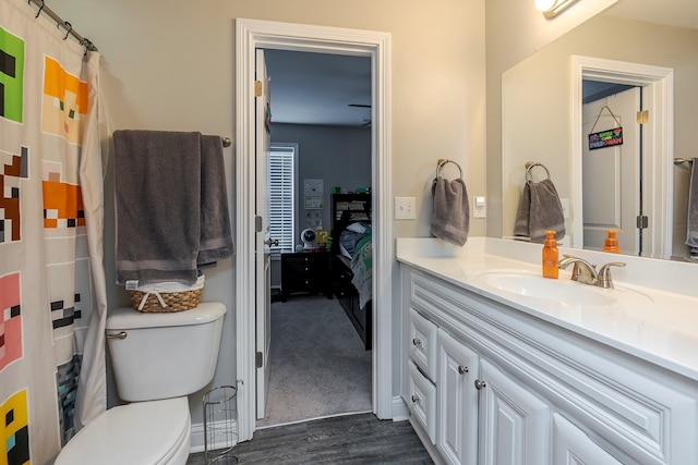 bathroom featuring vanity, toilet, and wood-type flooring