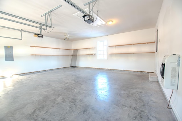 garage with electric panel, heating unit, and a garage door opener