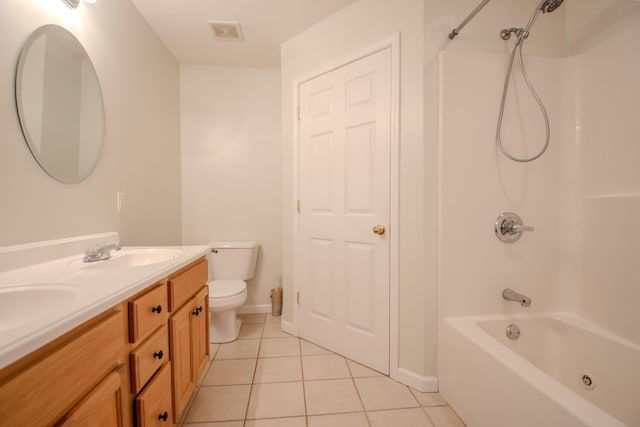 full bathroom featuring toilet, tile patterned flooring,  shower combination, and vanity