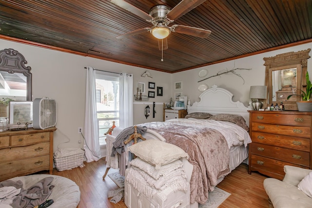 bedroom with crown molding, ceiling fan, wood ceiling, and light hardwood / wood-style floors