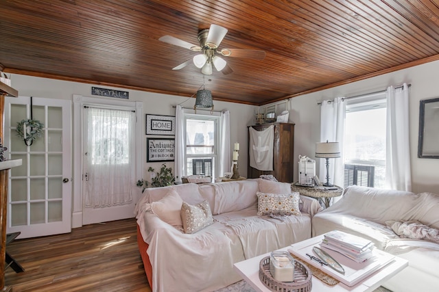 living room with ornamental molding, dark wood-type flooring, ceiling fan, and wood ceiling