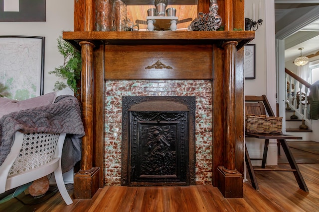 details featuring wood-type flooring and a fireplace