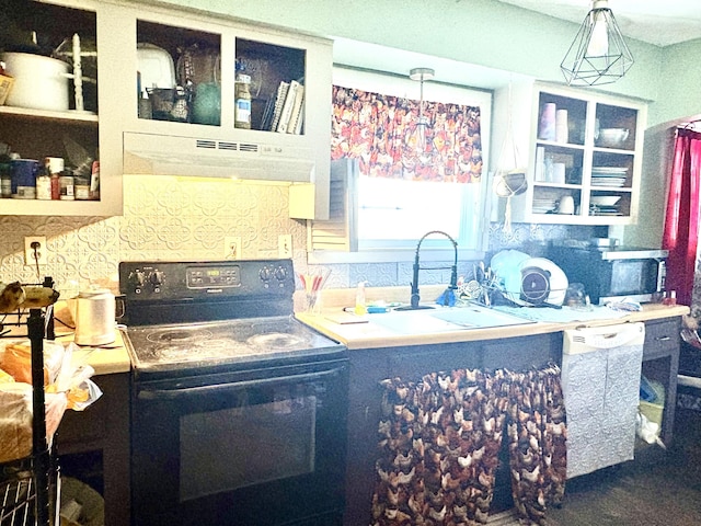 kitchen with black / electric stove, dishwashing machine, sink, hanging light fixtures, and range hood