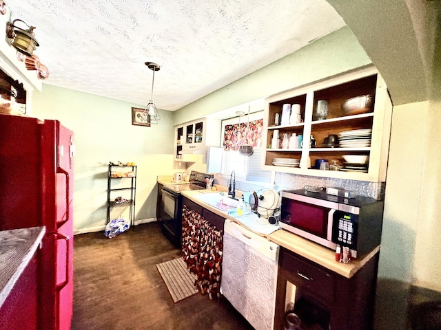 kitchen with white dishwasher, hanging light fixtures, black electric range, a textured ceiling, and fridge