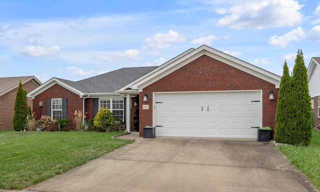 ranch-style house with a front yard and a garage