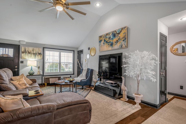 living room with radiator, ceiling fan, high vaulted ceiling, and dark hardwood / wood-style floors