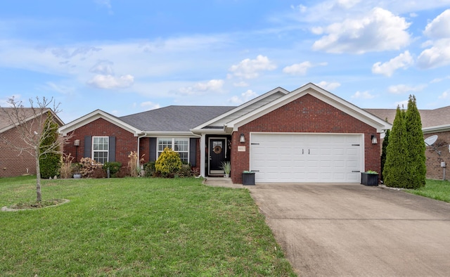 ranch-style house featuring a front yard and a garage