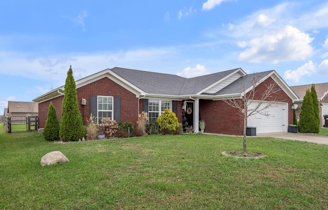 ranch-style house with a garage and a front lawn