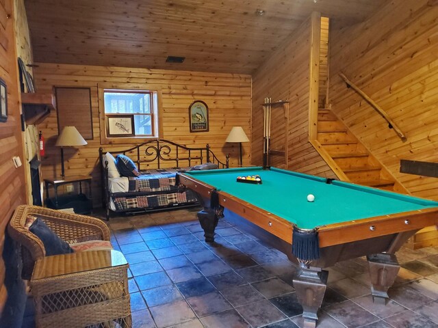 playroom with a fireplace, wooden ceiling, billiards, and vaulted ceiling